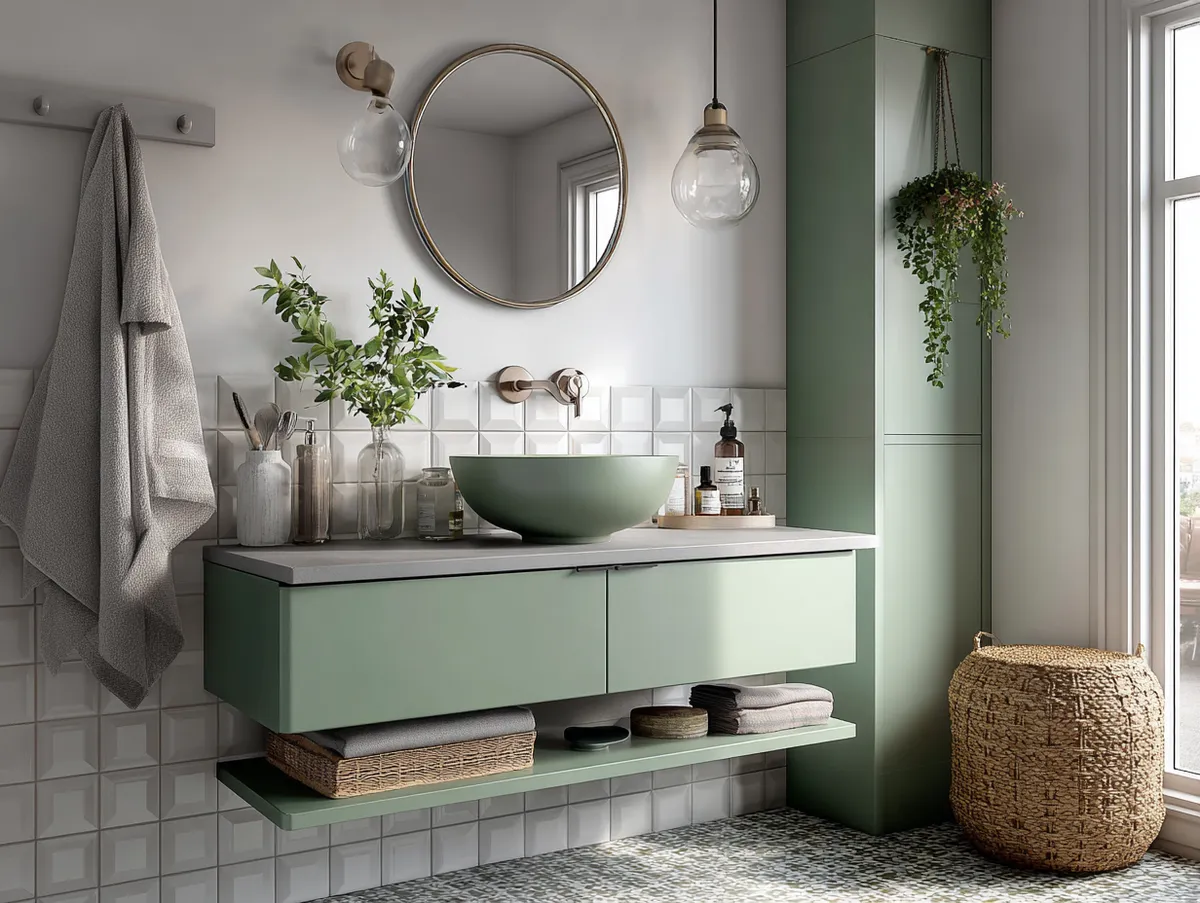 Mur d&rsquo;accent vert sauge dans une salle de bain moderne