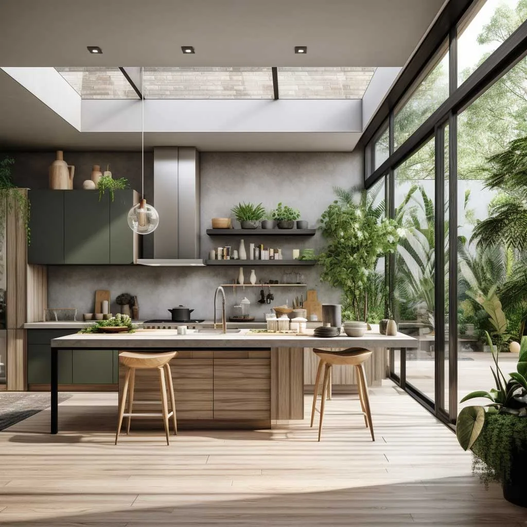 Cuisines grises modernes avec une touche de nature