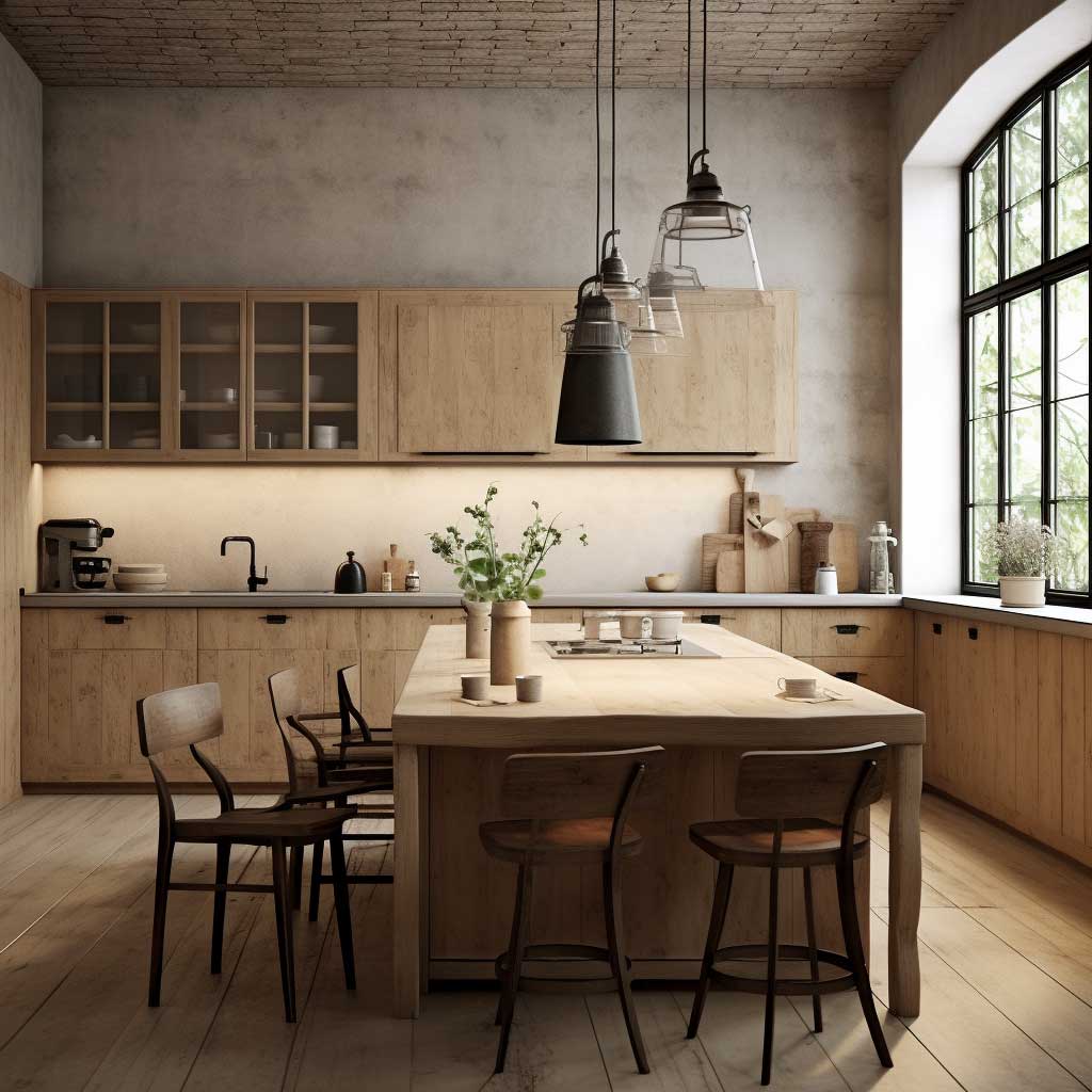 Cuisine moderne au design élégant en contreplaqué dans un cadre traditionnel