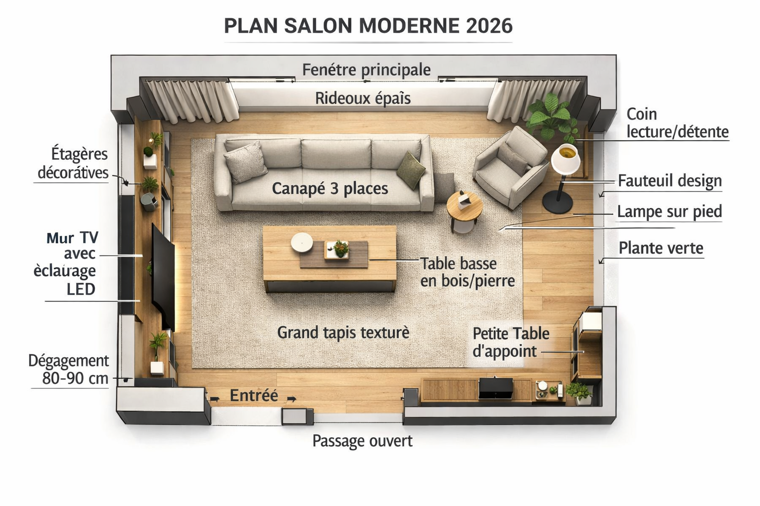 aménagement pour un salon moderne (style minimaliste et chaleureux)