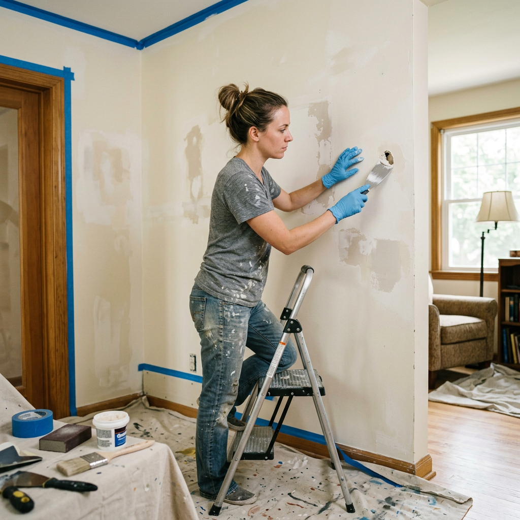 Woman standing on a small ladder patching a hole in a wall with a putty knife