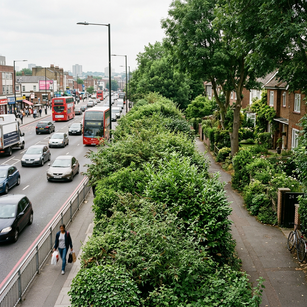 Busy city street with cars, buses, greenery, and sidewalk with pedestrian