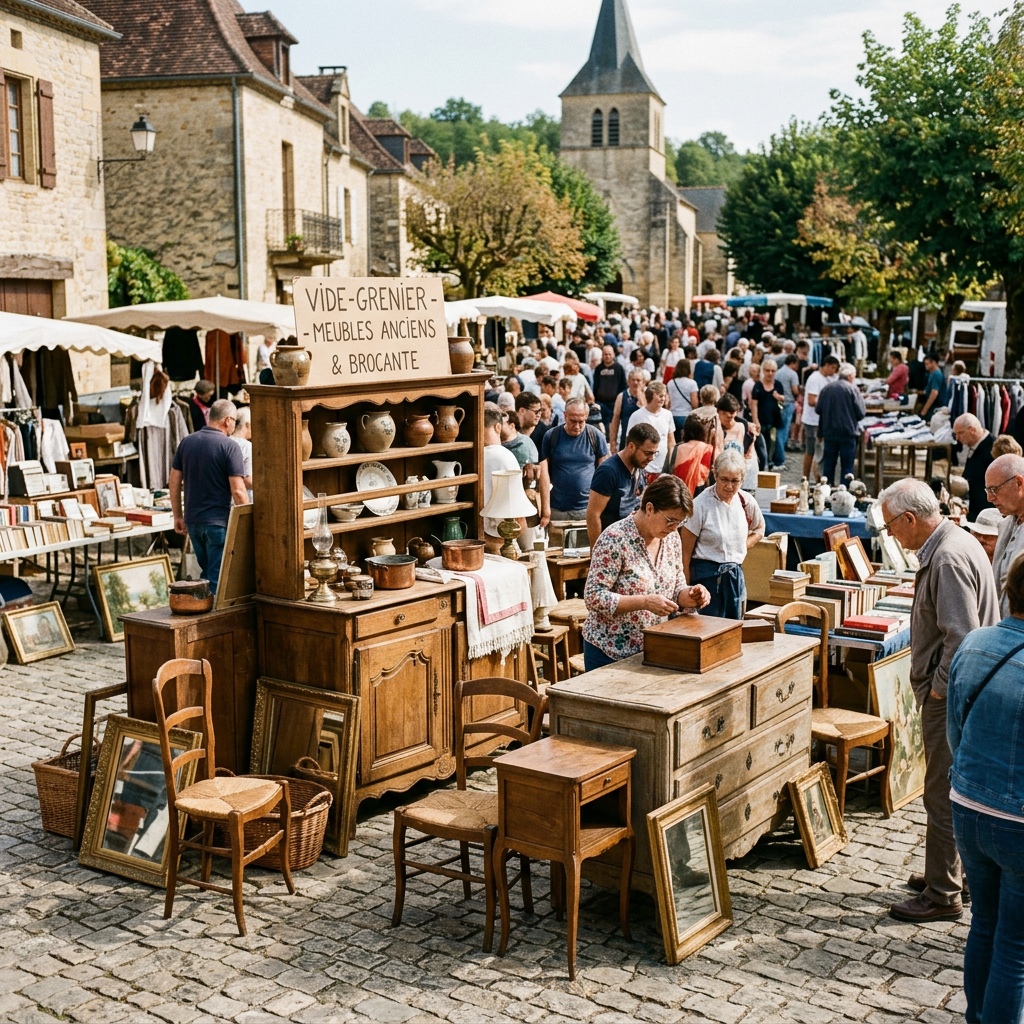 Busy outdoor flea market with people browsing antique furniture, pottery, and framed art in a village square.