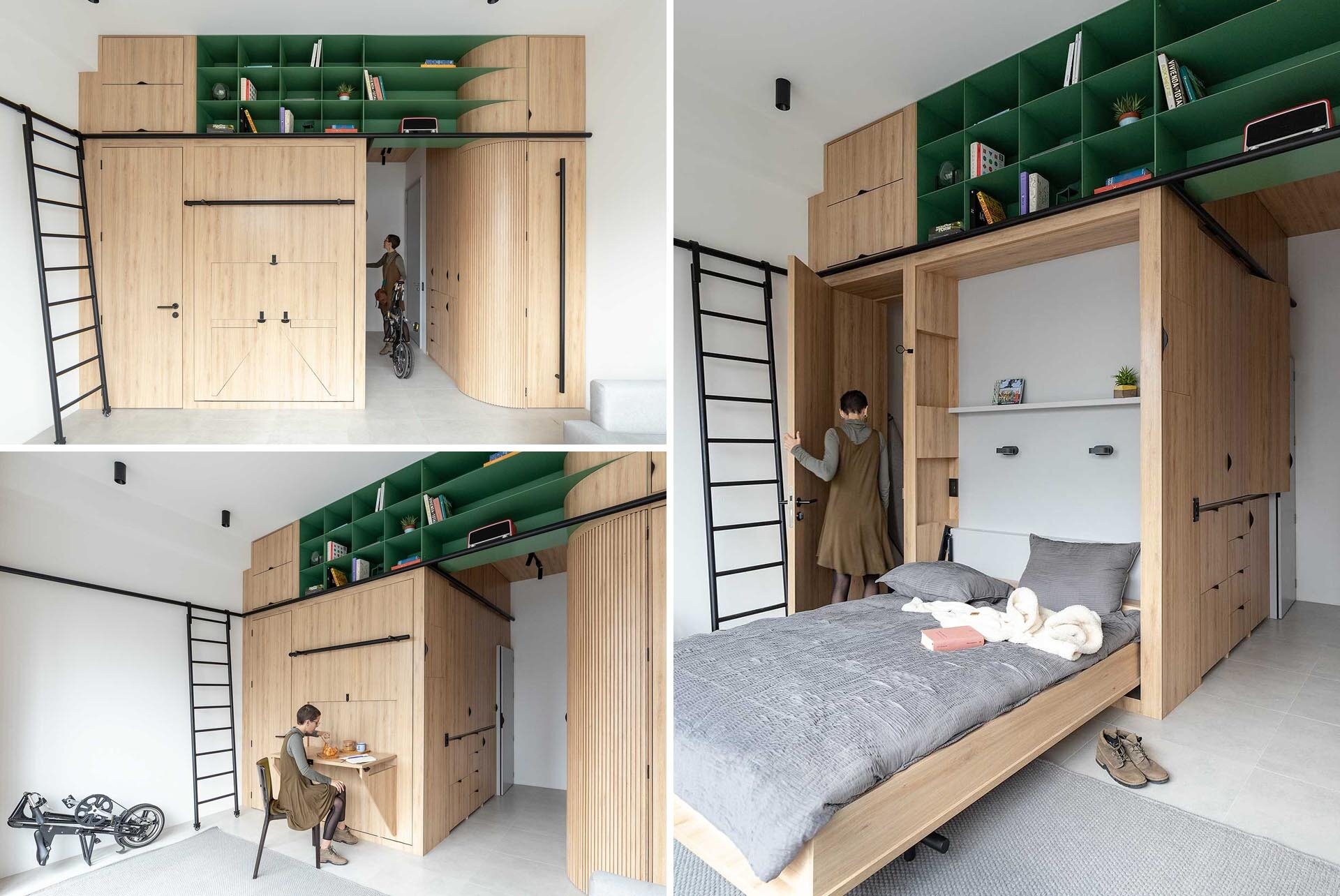 Un micro-appartement où chaque fonction disparaît derrière des panneaux en bois