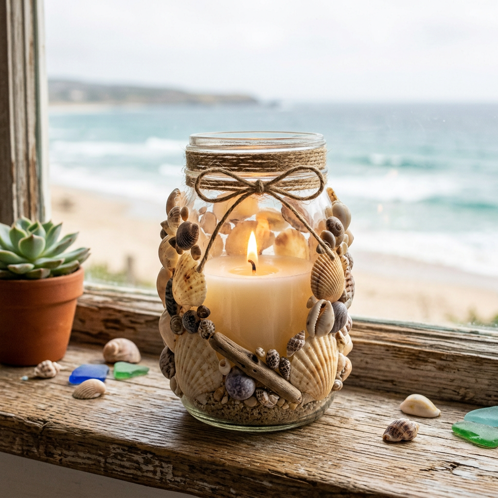 Lit candle in glass jar decorated with seashells on wooden windowsill by the sea