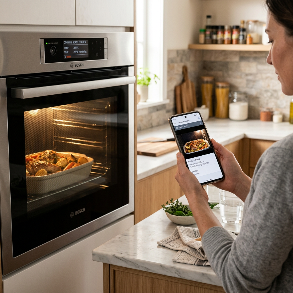 Person using smartphone app to monitor Bosch oven cooking a roast with vegetables