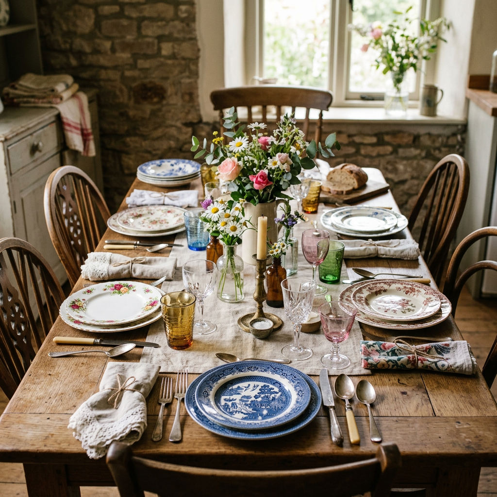 Rustic wooden dining table with vintage china, glassware, candles, and flower arrangements