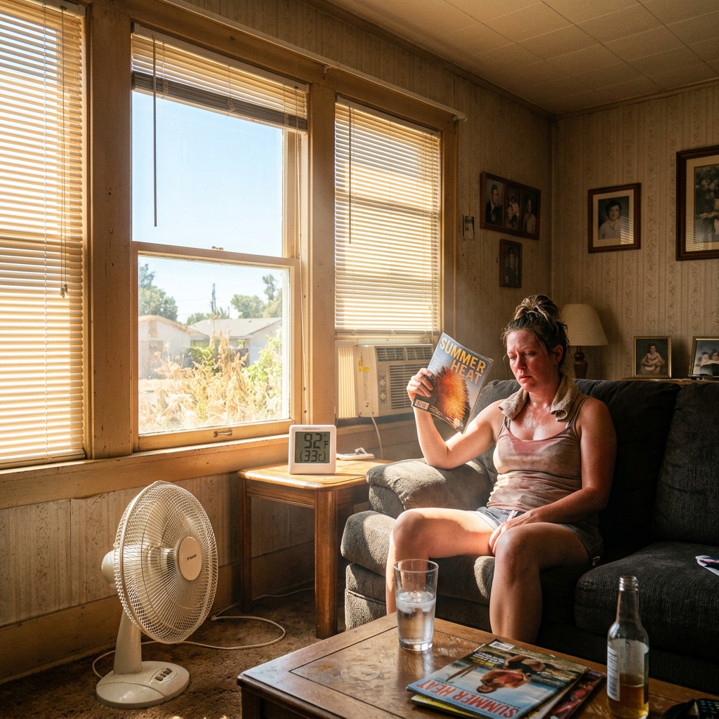 Woman sitting on a couch looking hot inside a room with fan and air conditioner showing 92°F