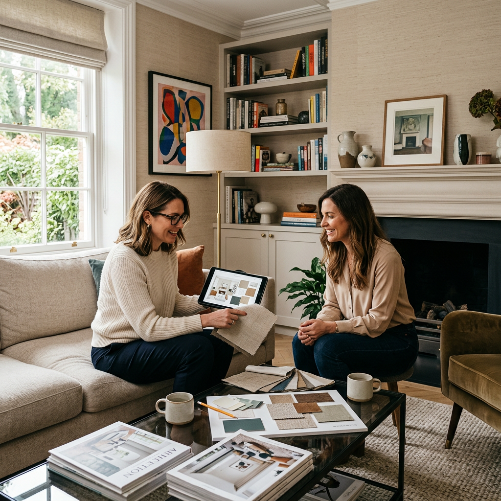 Two women sitting in a living room reviewing fabric samples and design plans