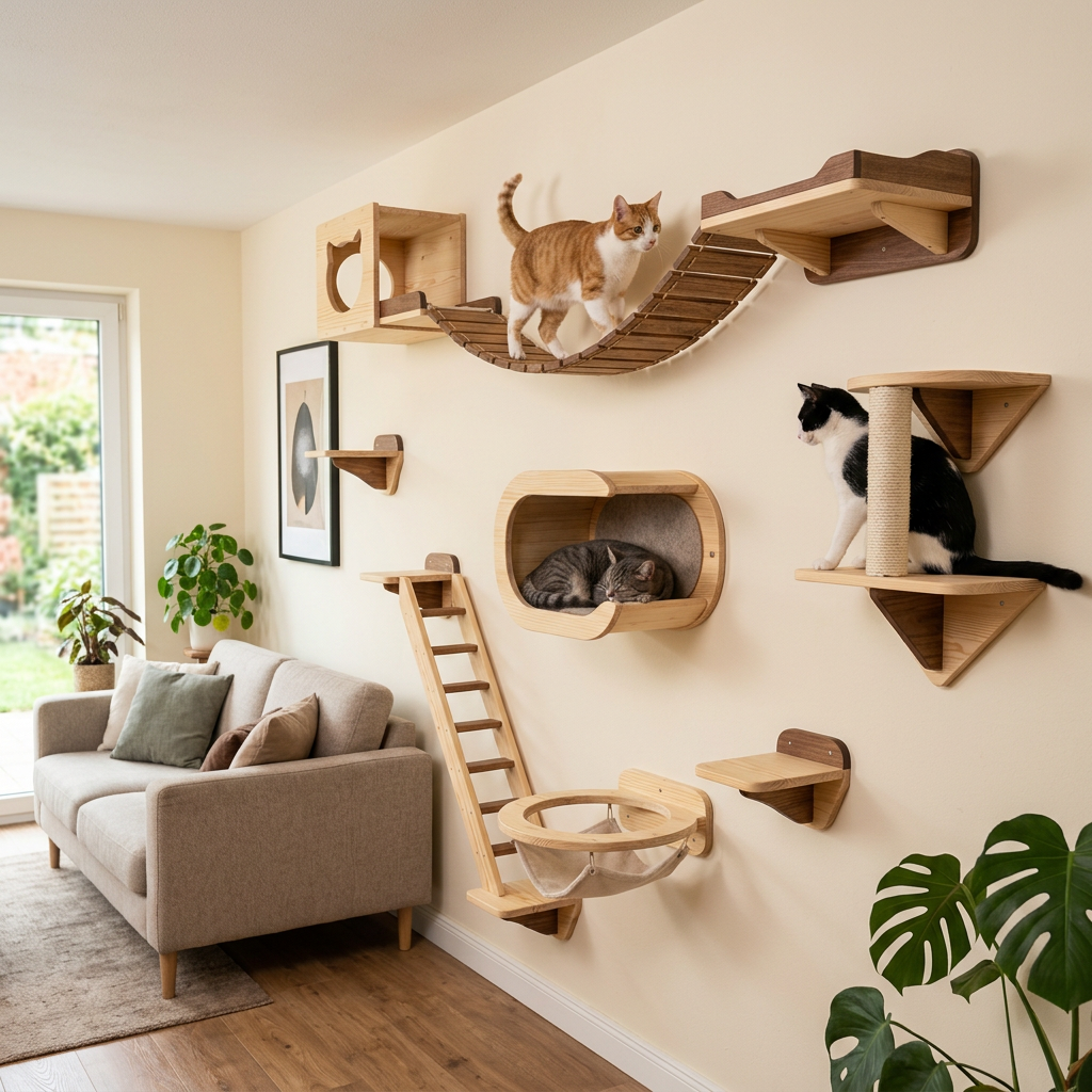 Three cats on various wooden shelves, bridges, and a hammock mounted on a living room wall