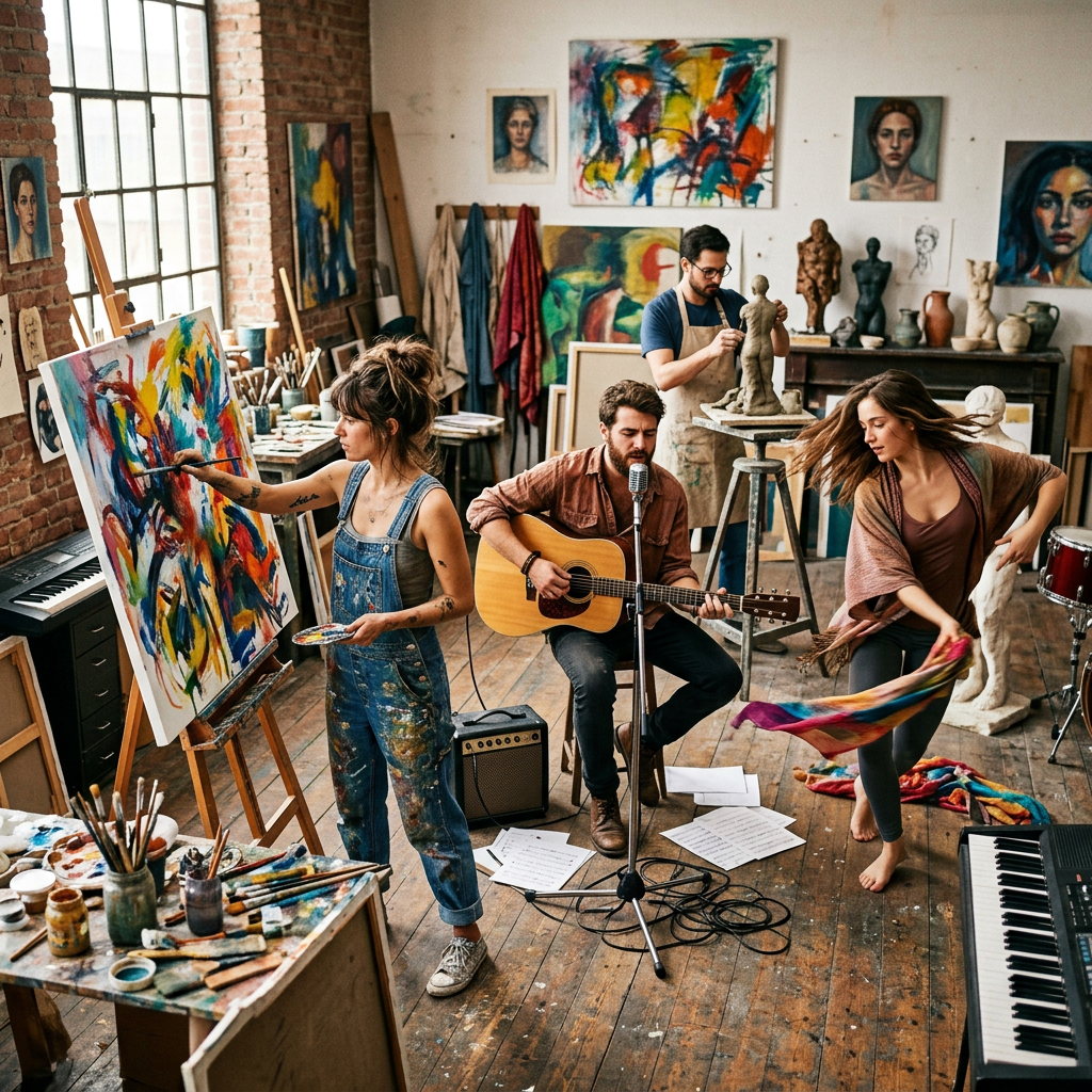 Artists and musicians creating together in a colorful art studio