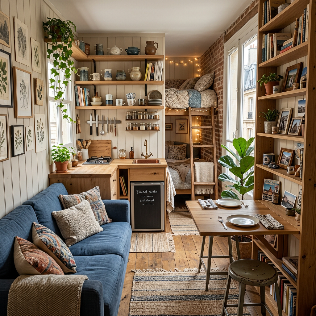 Cozy apartment interior with blue sofa, compact kitchen, dining table, plants, and loft bed