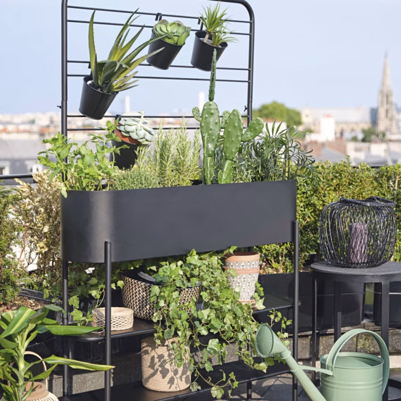 Auckland - Jardinière en métal noir avec 4 pots